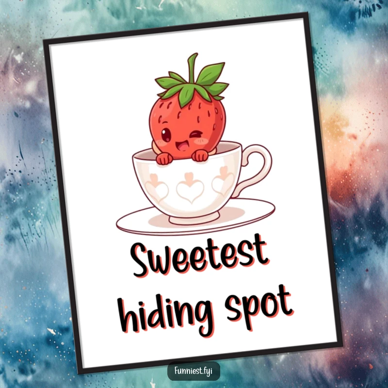 Funny giggling strawberry character digital art print, hiding inside a gigantic teacup costume, peeking out with a joyful giggle.