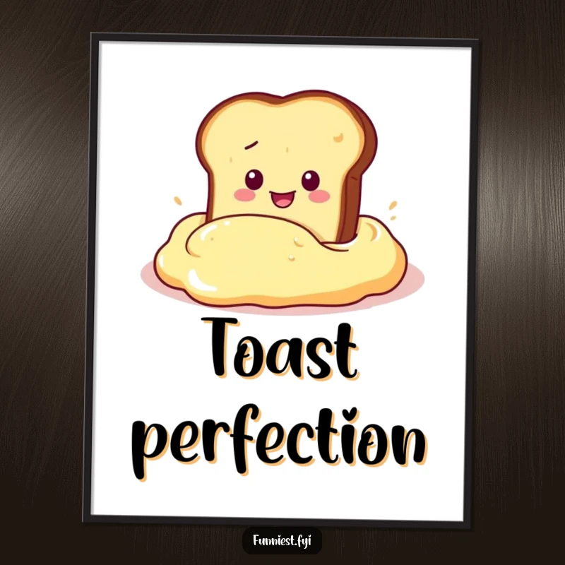 Funny Digital Art Print of a slice of toast character dramatically diving into a giant butter dollop, perfect for instant breakfast humor.