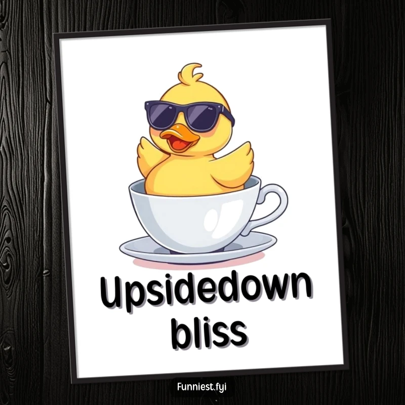 Funny digital art print of a rubber duck wearing sunglasses, floating upside down in a teacup, offering a humorous and whimsical visual.