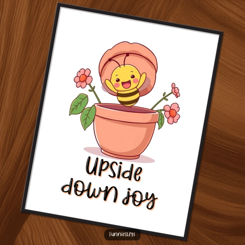 Funny digital art print of a happy bee character comically flying upside down into a giant flowerpot, capturing an amusing garden scene.