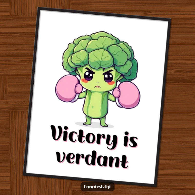 Funny digital art print of a determined broccoli floret wearing oversized boxing gloves, perfect for instant humorous and motivational wall decor.