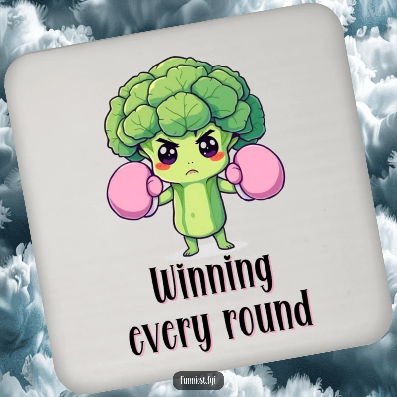 Funny drink coaster featuring a determined broccoli floret in oversized boxing gloves, protecting surfaces with a healthy dose of humor.