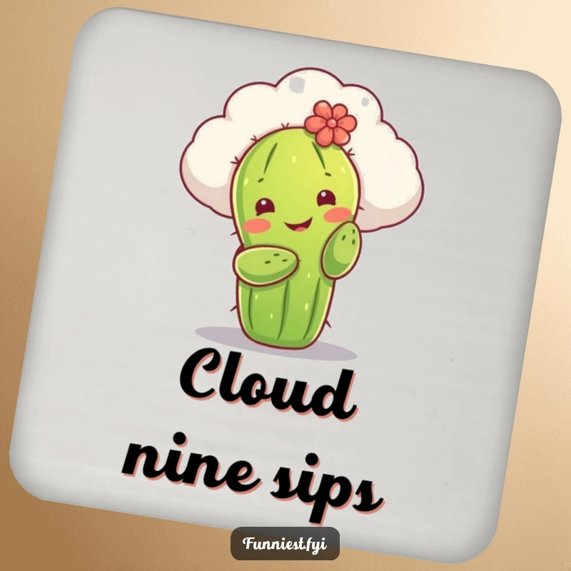 Funny coaster depicting a smiling cactus character reaching to hug a fluffy cloud. A humorous and practical addition to any table setting.