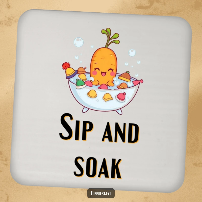 Funny carrot character in a bubble bath wearing tiny hats, a set of humorous drink coasters for table protection.