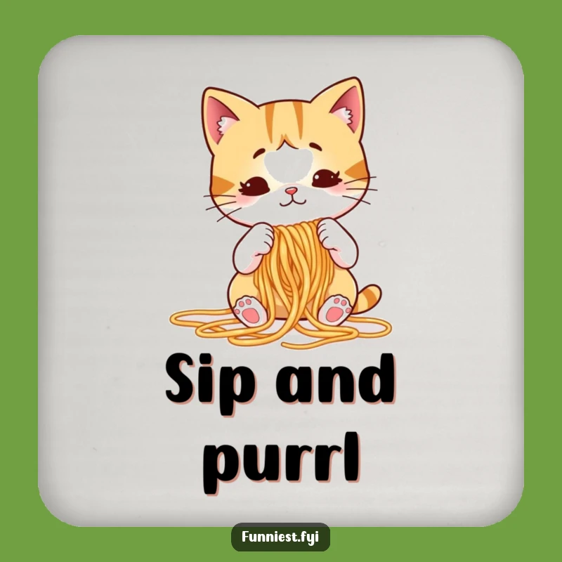 Funny Cat Knitting Spaghetti Coaster, Puzzled Feline Drink Protector, Humorous Home Gift