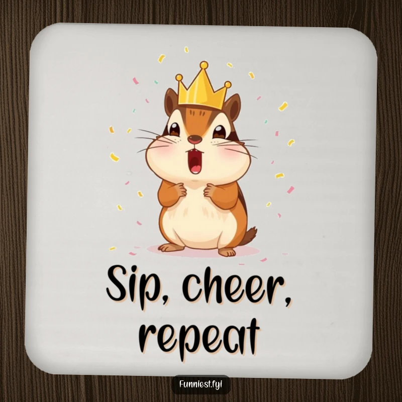 Funny surprised chipmunk wearing a tiny crown, showered with tiny confetti, a humorous and protective drink coaster.