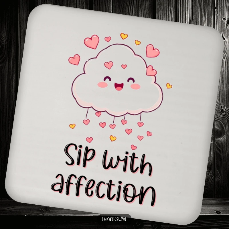 Funny cloud character raining hearts on a drink coaster, providing surface protection with a touch of pure, loving humor.