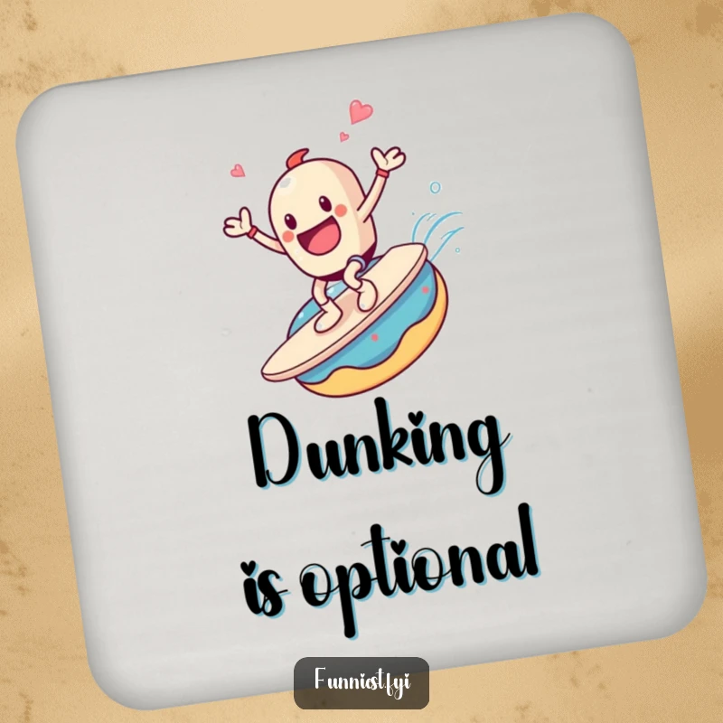 Funny drink coaster with a coffee cup character joyfully surfing a giant donut, a sweet and humorous scene.