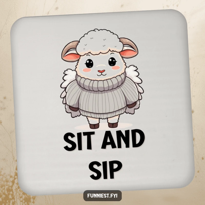 Funny coaster with a sheep wearing a massively oversized, fluffy sweater, protecting surfaces with cozy humor.