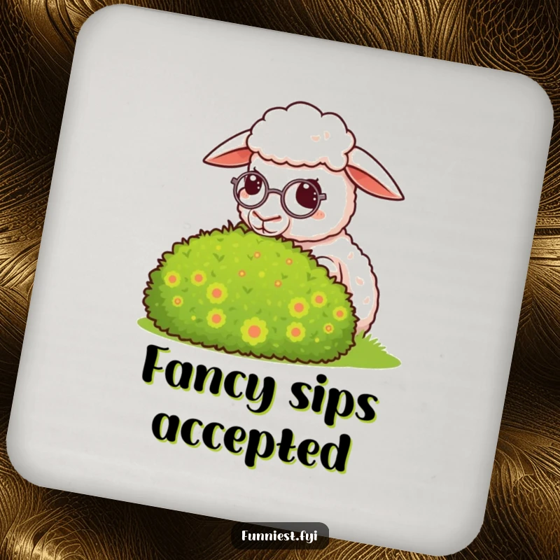 Funny sheep coaster, a sheep with a monocle looks smugly at a perfectly groomed bush, protecting surfaces.