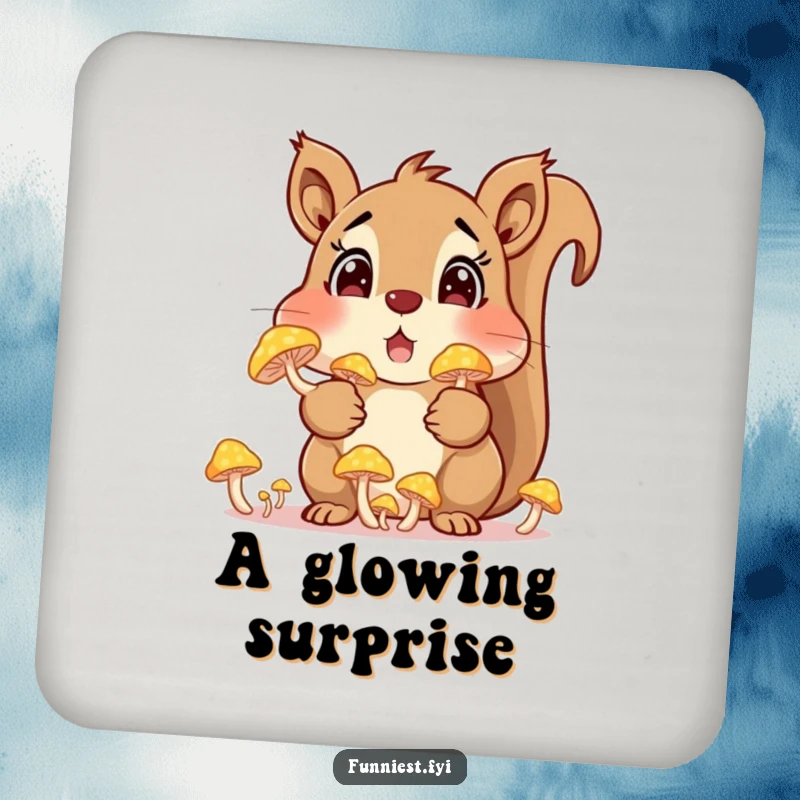 Funny squirrel character with stuffed cheeks full of glowing mushrooms on a drink coaster, providing surface protection with whimsical humor.