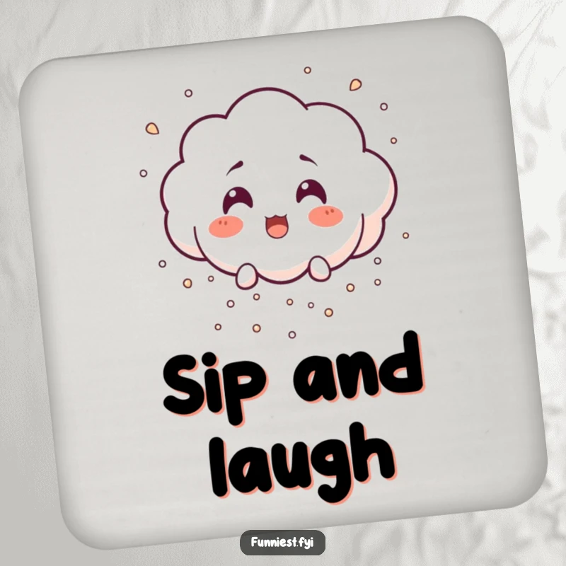 Funny surprised little cloud character raining tiny laughter particles, a humorous drink coaster.