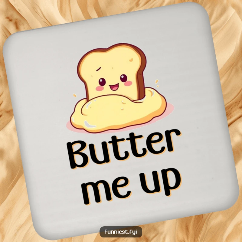 Funny Drink Coaster depicting a slice of toast character dramatically diving into a giant butter dollop, adding breakfast humor to surfaces.