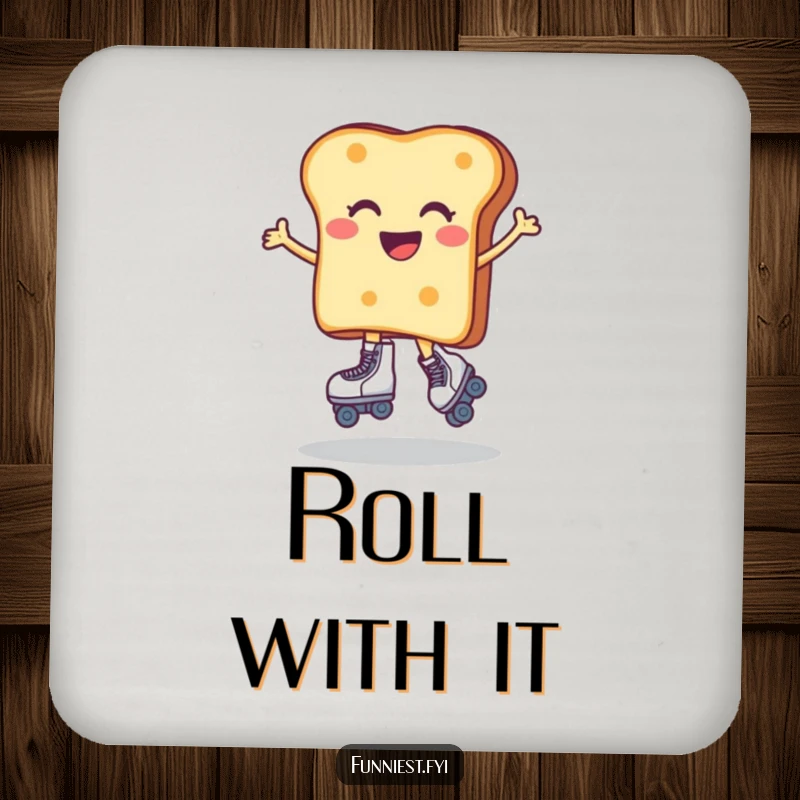 Funny coaster showcasing a toast character wobbling on roller skates, protecting your surfaces with humor. A delightful addition to any coffee table.