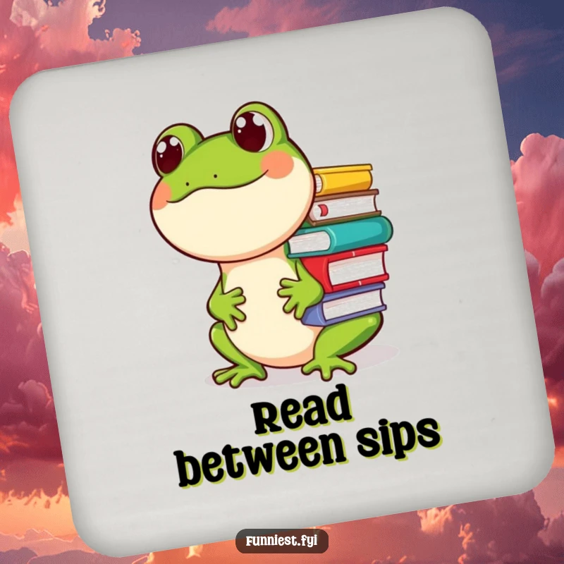 Funny coaster with a giggling frog character balancing a stack of books on its nose, a humorous and practical surface protector.