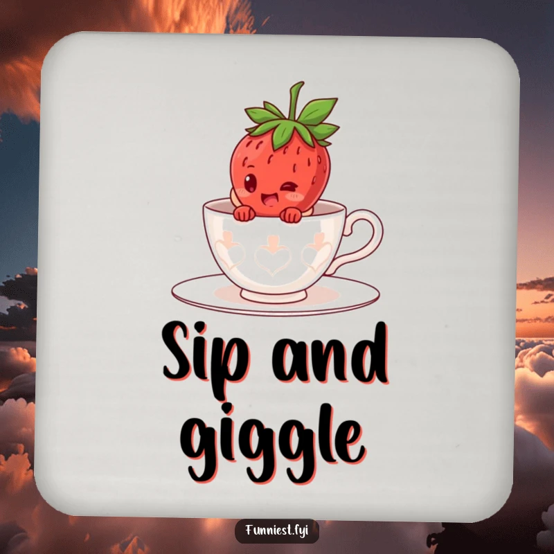 Funny giggling strawberry character drink coaster, hiding in a giant teacup costume, peeking out with a smile.
