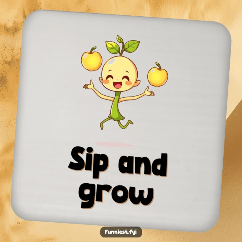 Funny dancing sprout character drink coaster, juggling three shiny apples with focused joy, adding a pop of fun.
