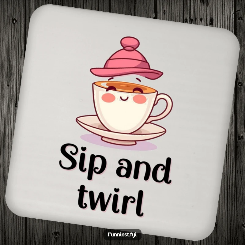 Funny drink coaster featuring a playful teacup wearing a stylish hat and spinning, protecting surfaces with whimsical charm.