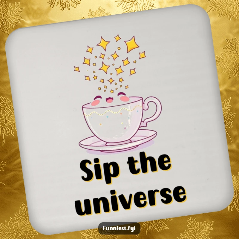 Funny teacup coaster set with a delighted character pouring a stream of stars, offering magical protection for surfaces.