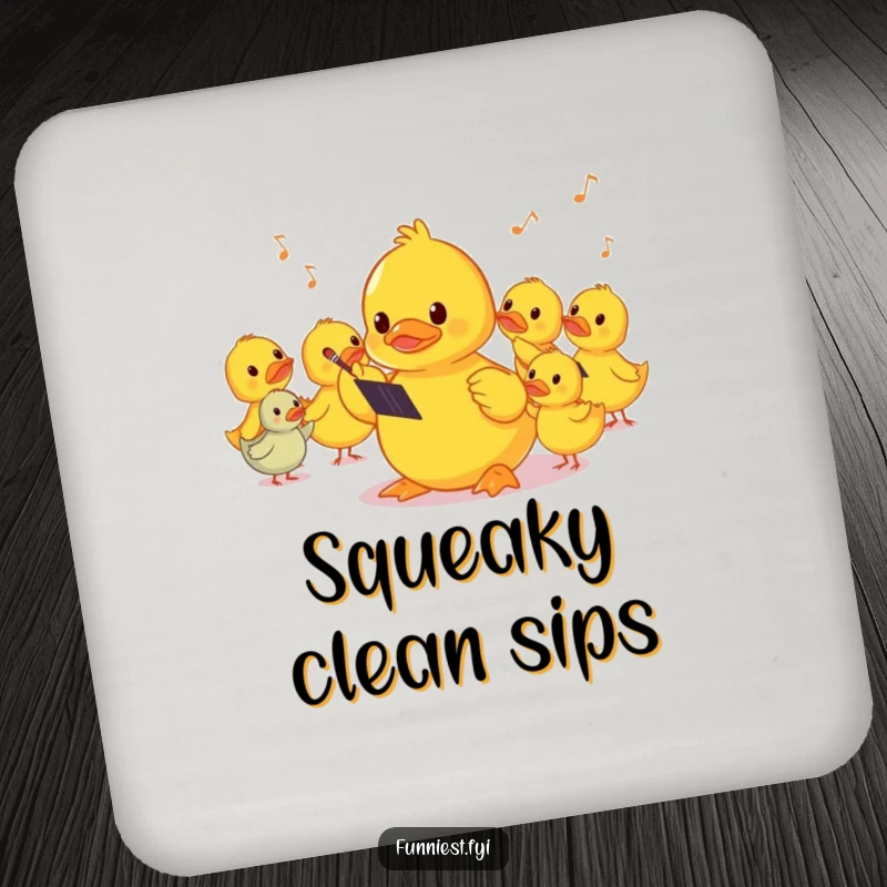 Funny shy rubber ducky conducting a squeaky orchestra on a drink coaster, offering musical protection.