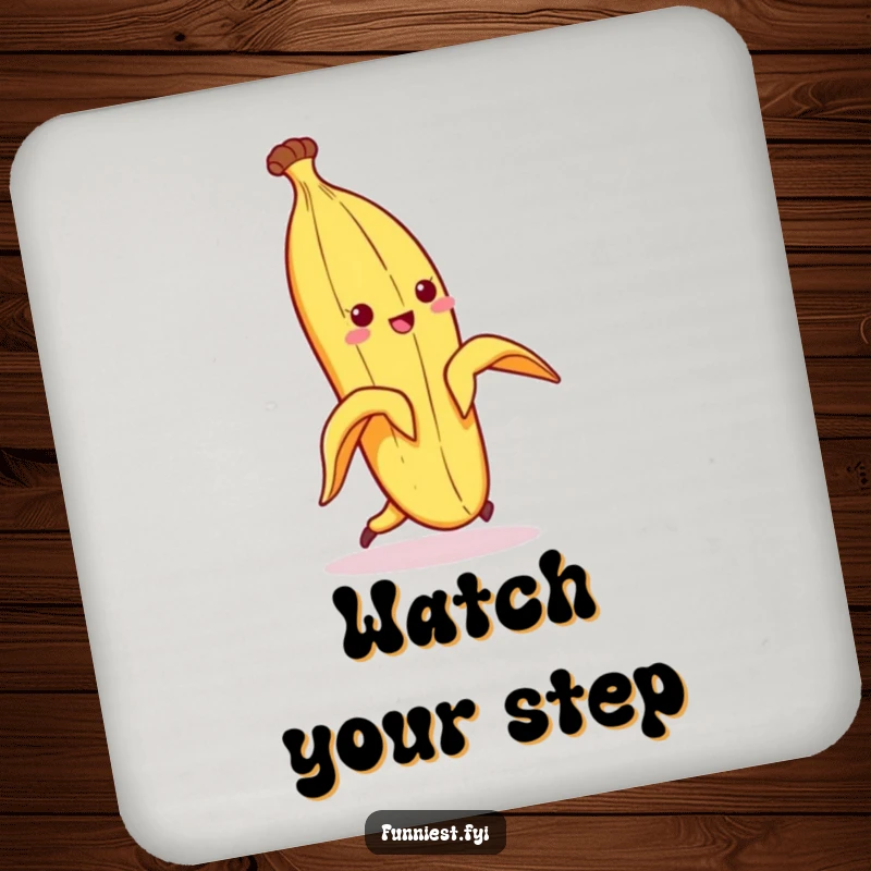 Funny drink coaster with a banana peel character comically slipping on its own peel, a classic slapstick visual.