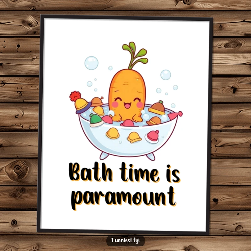Funny carrot character in a bubble bath with tiny hats, whimsical wall art, perfect for adding humor to decor.