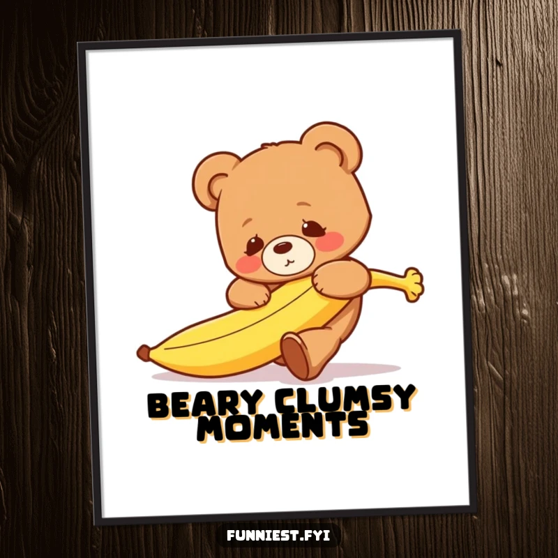 A funny, clumsy teddy bear character comically tripping over a runaway banana, creating a humorous and heartwarming art print.