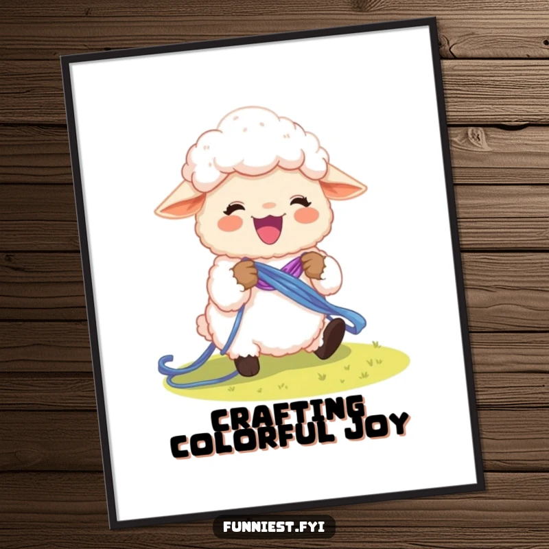 Funny sheep character enthusiastically knitting a vibrant rainbow, depicted as wall art.