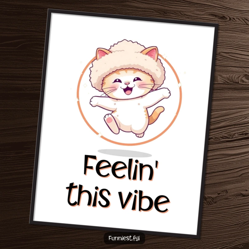 Funny Poster of a happy cat in a large, fluffy hat, energetically leaping through a hoop adorned with shimmering sparkles.