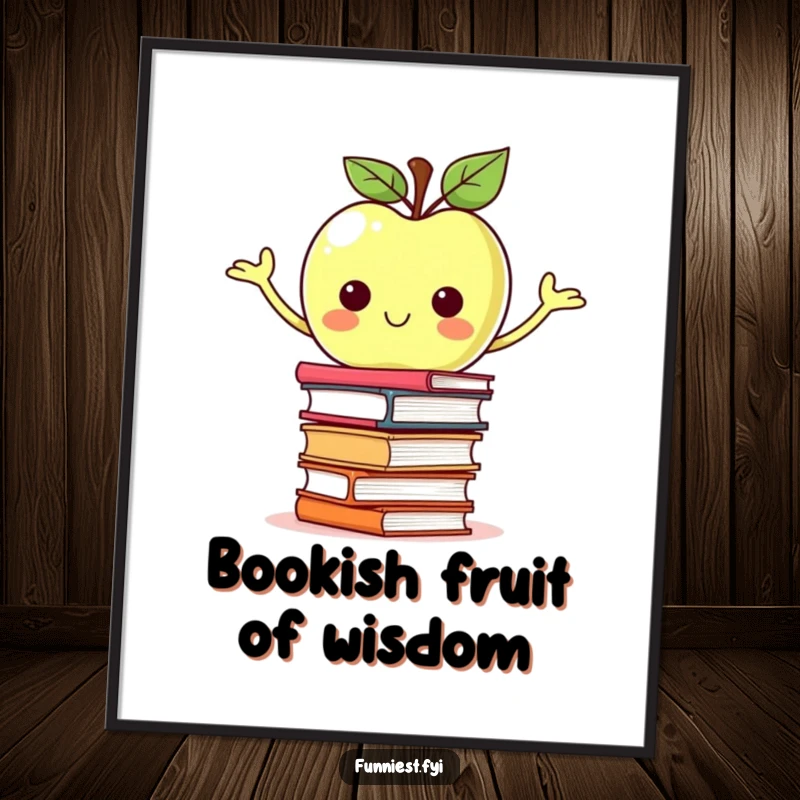 Funny proud apple character balancing a wobbling stack of books on a poster, exuding intellectual humor.