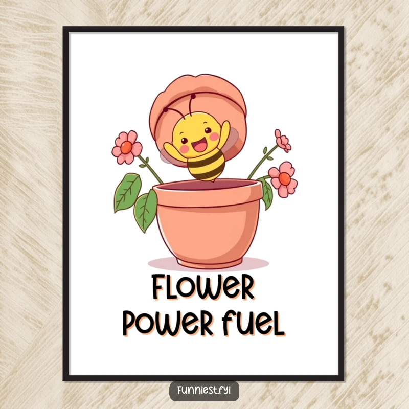 Funny poster artwork of a happy bee character comically flying upside down into a giant flowerpot, capturing an amusing garden scene.