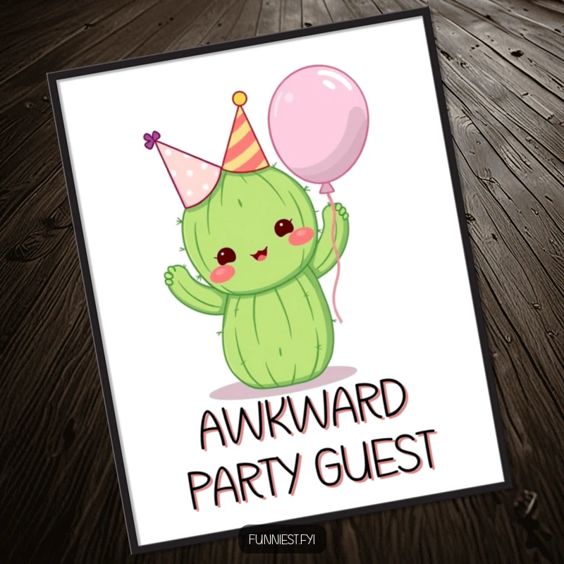 Funny wall art poster: a cute cactus in a party hat attempting to hug a balloon, festive decor.