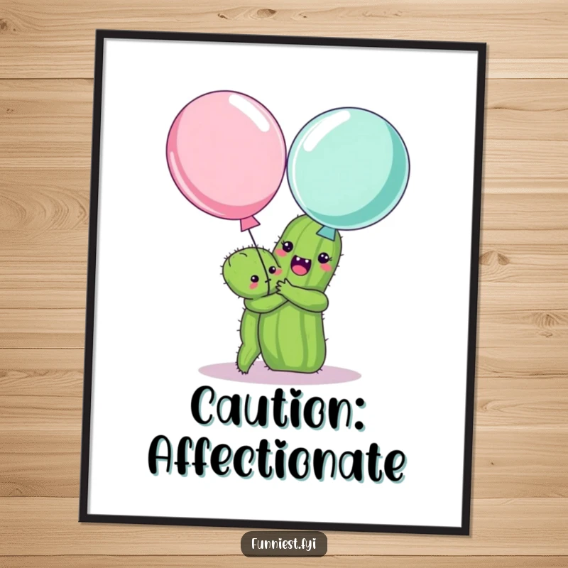 Funny poster featuring a cheerful cactus hugging a surprised balloon, a whimsical and comical illustration for wall decor.