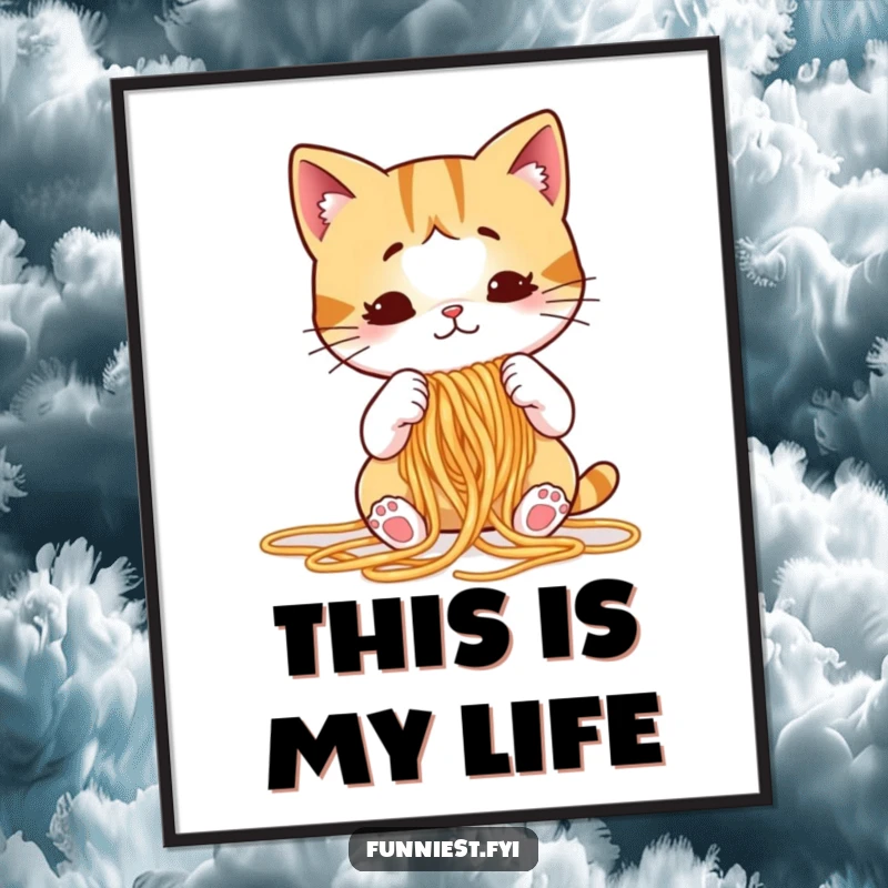 Funny cat poster featuring a puzzled cartoon cat hilariously attempting to knit spaghetti noodles, a decorative piece with humorous appeal.