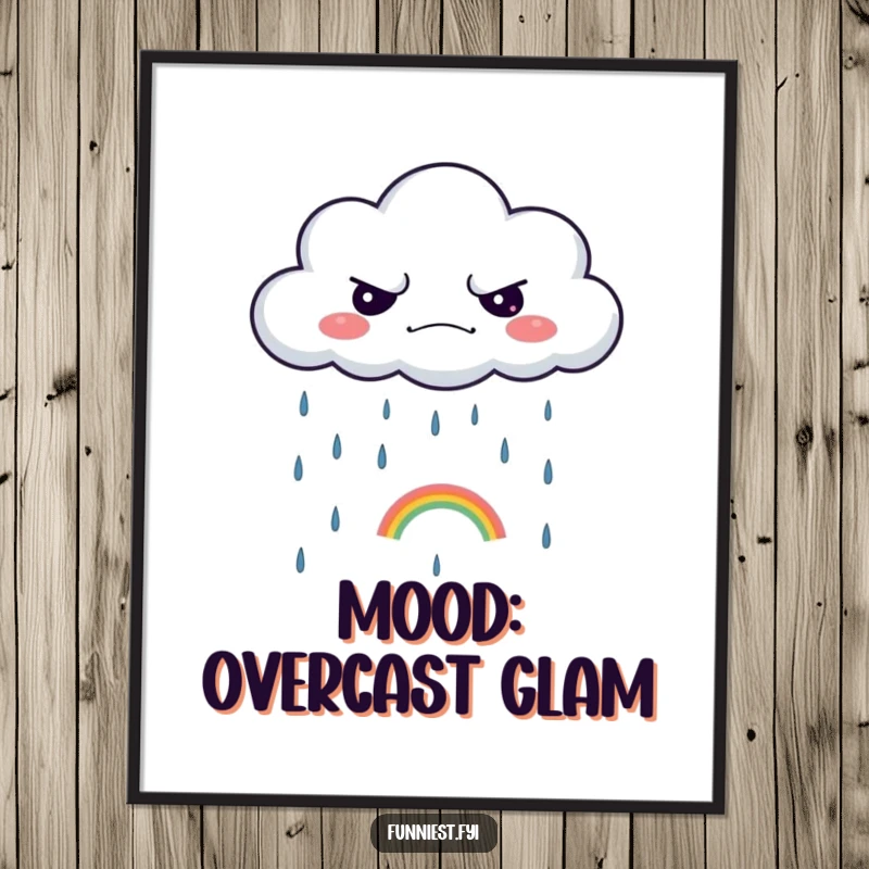 Funny poster art of a grumpy cloud raining a single, tiny rainbow, perfect for whimsical and humorous decor.