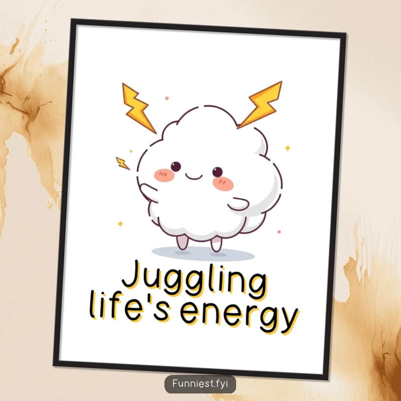 Funny juggling cloud poster art of a fluffy cloud character happily juggling lightning bolts, ideal for energetic decor and gifts.