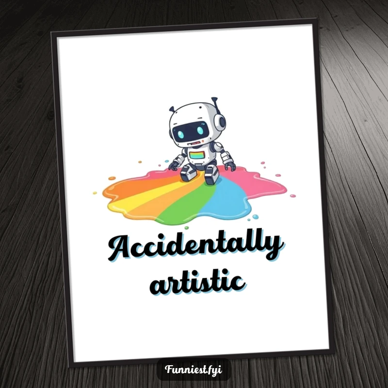 Funny poster artwork of a clumsy robot character tripping and spilling a large puddle of rainbow paint, creating a vibrant, humorous art piece.