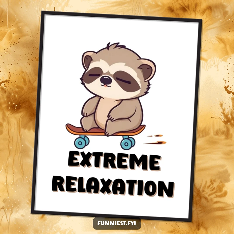 Funny sloth character appearing to zoom on a tiny skateboard against a simple background, wall art.