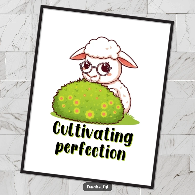 Funny sheep poster, a sheep wearing a monocle looks smugly at a perfectly manicured bush, exuding sophistication.