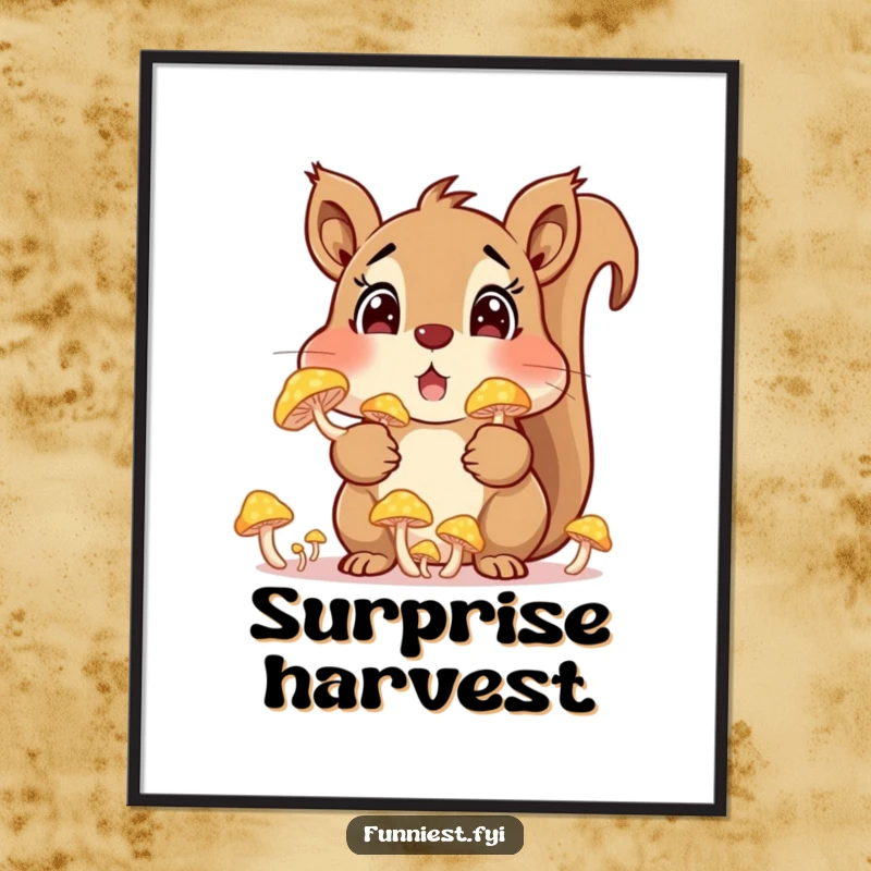 Funny squirrel character with cheeks full of glowing mushrooms, vibrant and humorous woodland wall art, perfect for adding magic.