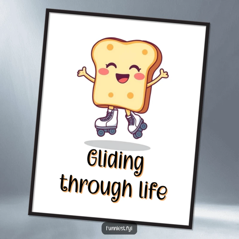 Funny poster showcasing a toast character hilariously engaged in roller skating, capturing a moment of pure, uncoordinated joy. Vibrant wall art for humor lovers.