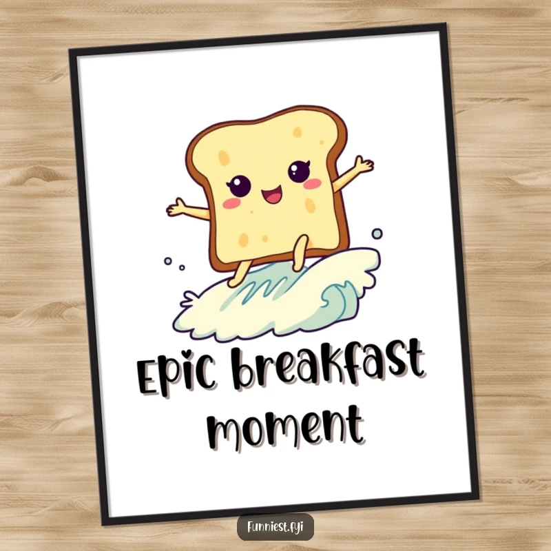 Funny poster print of a slice of toast with legs joyfully surfing a wave of butter, creating a humorous and appetizing scene.
