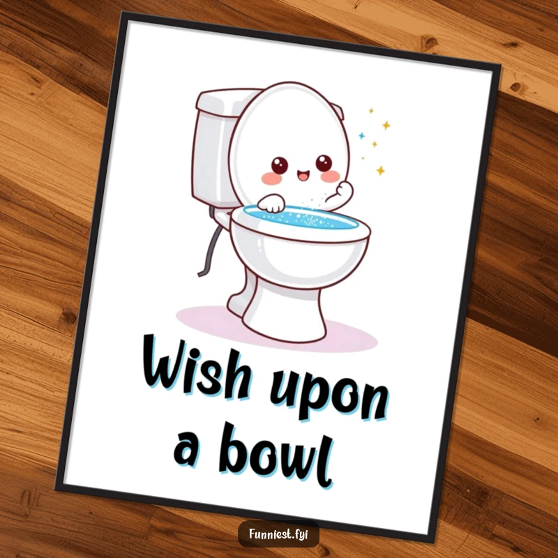 Funny friendly toilet character poster, granting a wish with a dazzling spray of glitter erupting from the bowl.