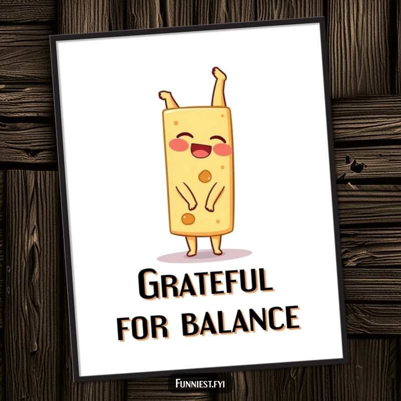 A funny, giggling cheese wedge character attempting a wobbly handstand, creating a humorous and vibrant art print.