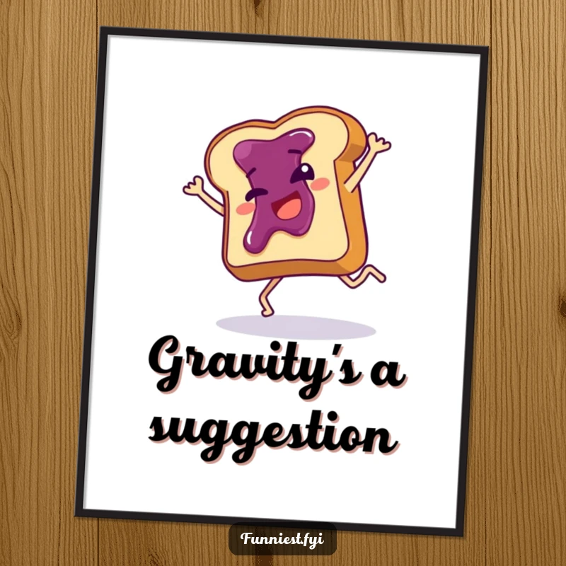 Funny poster print of a giggling toast slice with jam executing a hilarious cartwheel, bringing breakfast-themed comedy to any wall.
