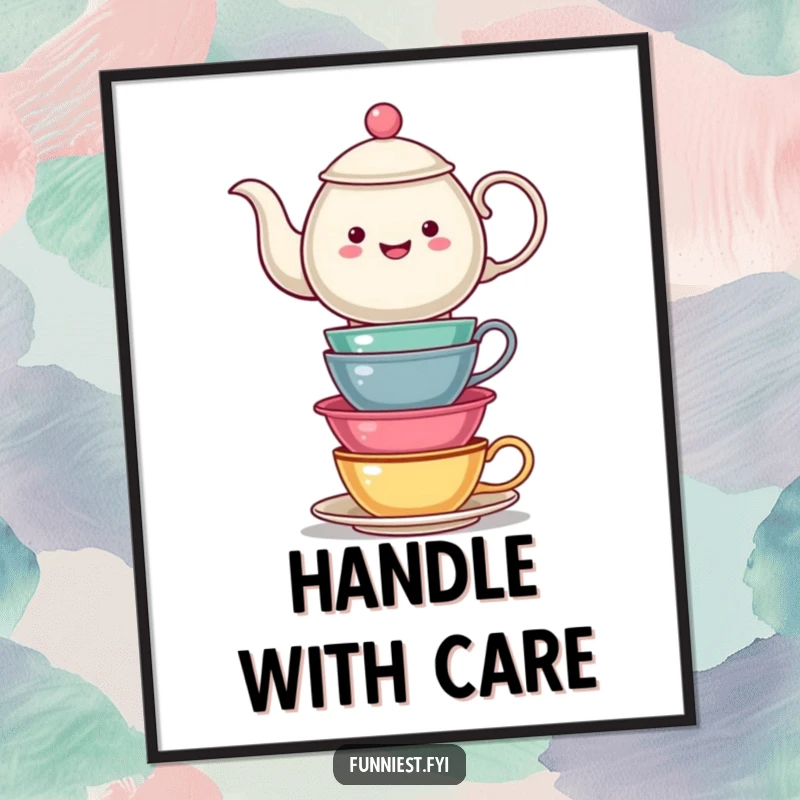 Funny Teapot Balancing Tea Cups Poster: A teapot struggles to balance a tall stack of mismatched teacups. A delightful and funny gift for art lovers.