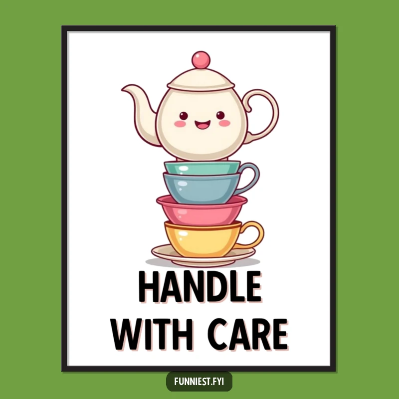 Funny Teapot Tea Cups Poster: Balancing Art, Unique Funny Gift