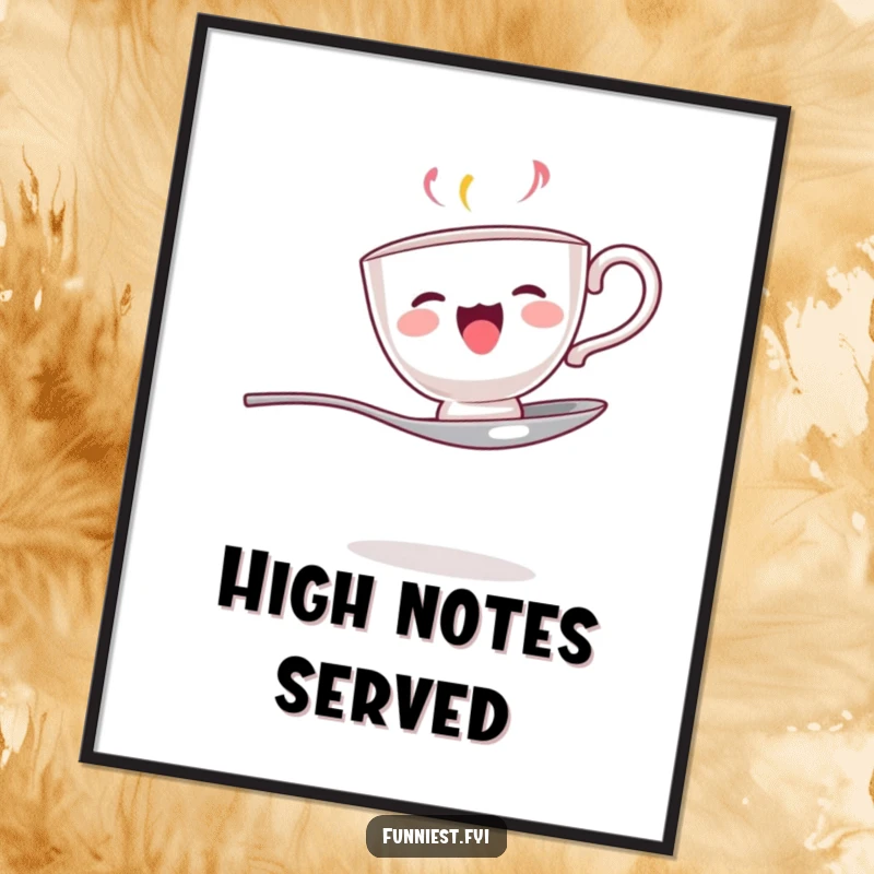 Funny poster illustrating a singing teacup balanced on a spoon, creating a visually engaging and musical piece.