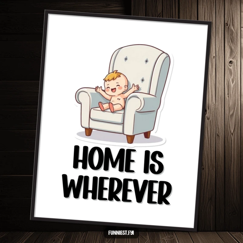 Funny Poster of a tiny person character happily wiggling inside a giant armchair, bringing cozy vibes and cheerful decor.