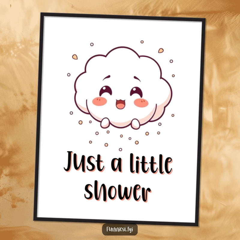 Funny surprised little cloud character raining tiny particles of laughter, a cheerful and funny poster for walls.
